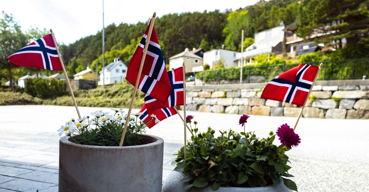 Małe flagi Norwegii z czerwono-niebiesko-białym krzyżem w doniczkach z kwiatami na tle norweskiego krajobrazu